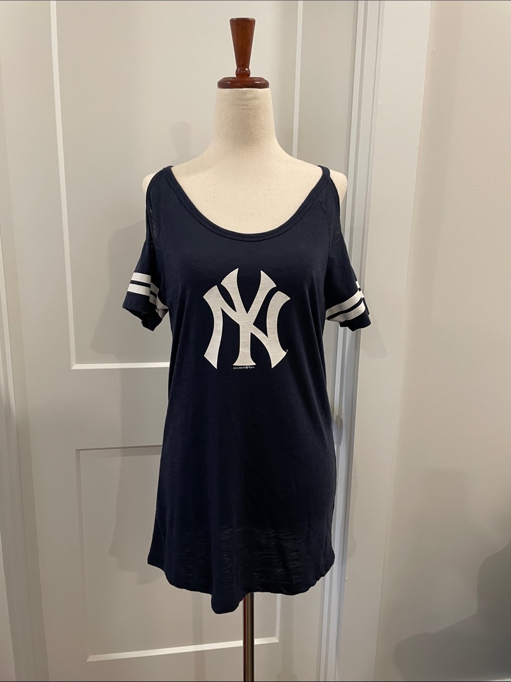 New Era Navy Cold-Shoulder NY Logo Tee with White Stripes